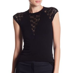 Bailey 44 Black Lace V Cap Sleeve Top  Small NWT